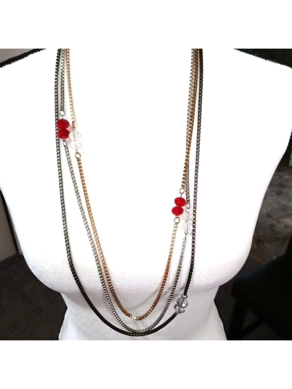 Mixed Metallic Chain Necklace Red Beads Multi Strand 35"